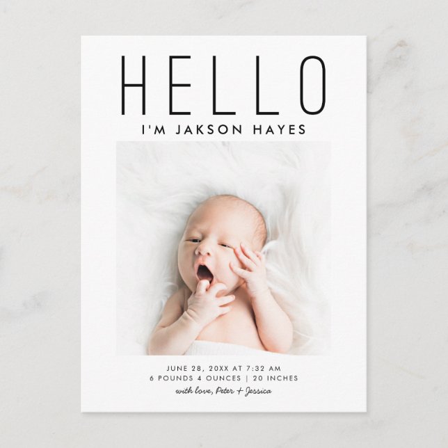 HELLO Simple Modern Baby Photo Birth Announcement Postcard (Front)