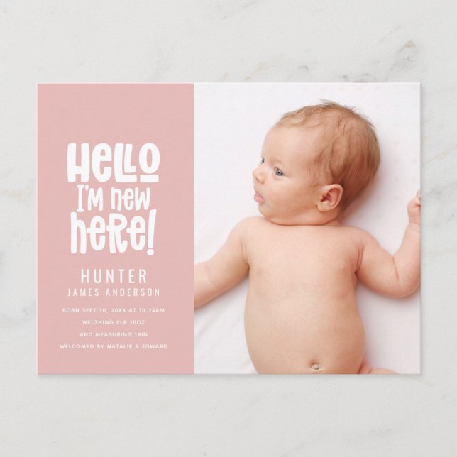Hello, simple modern minimal photo birth holiday postcard (Front)