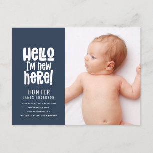 Hello, simple modern minimal photo birth holiday postcard