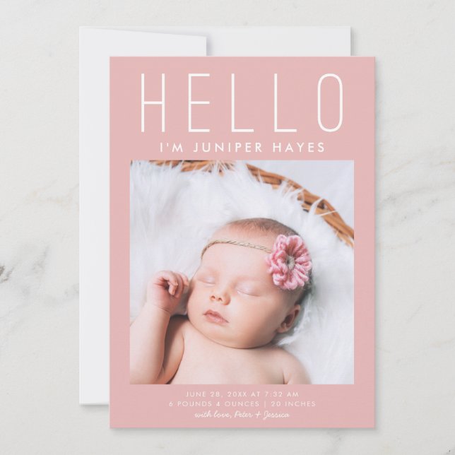 HELLO Simple Pink Modern Multi Photo Birth Announcement (Front)