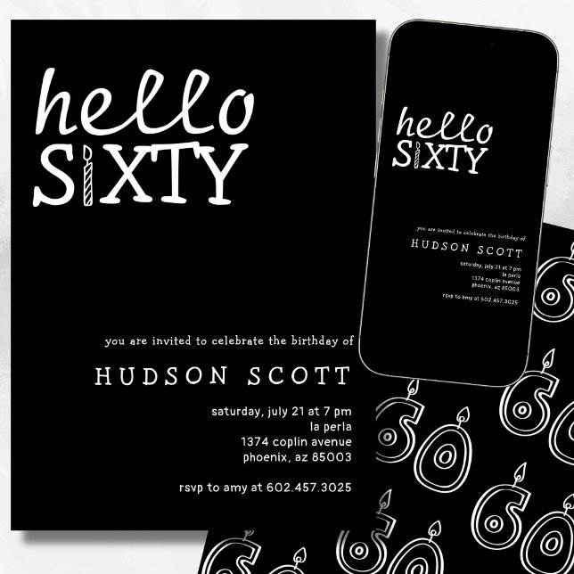 Hello Sixty 60th Birthday Party Modern Black  Invitation (Creator Uploaded)