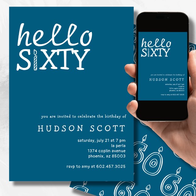 Hello Sixty 60th Birthday Party Modern Blue Invitation (Creator Uploaded)