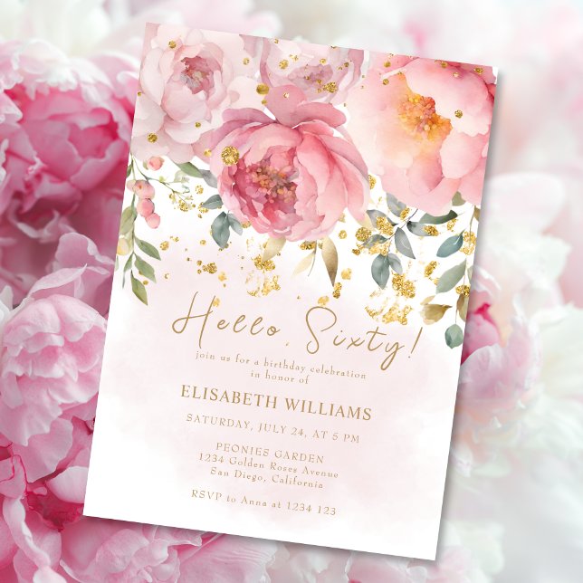 Hello Sixty Blush Pink Peony 60th Birthday  Invitation (Creator Uploaded)