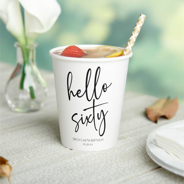 Hello Sixty Minimalist 60th Birthday Party Paper Cups (Insitu)