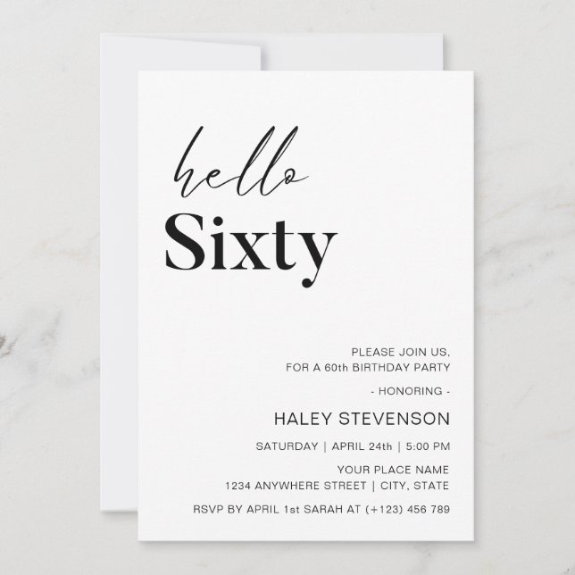 Hello Sixty Modern White Minimalist 60th Birthday Invitation (Front)