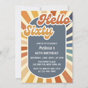 Hello Sixty Retro Sun Groovy Wave 60th Birthday Invitation