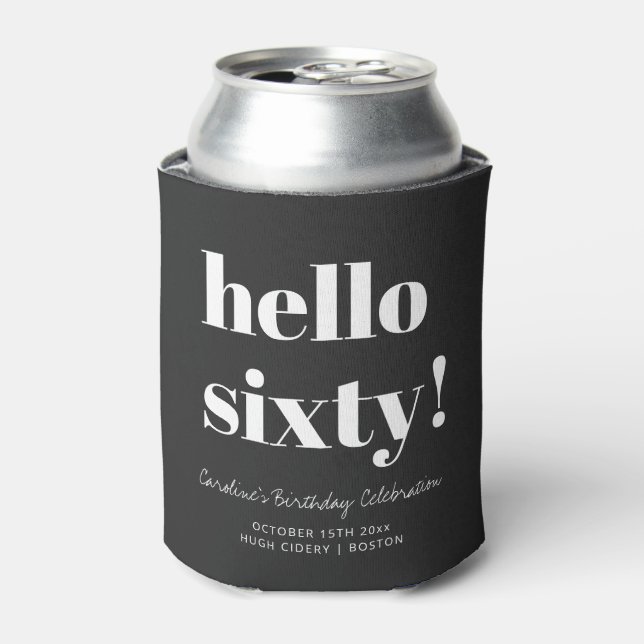 Hello Sixty Soft Black Modern 60th Birthday Favour Can Cooler (Can Front)