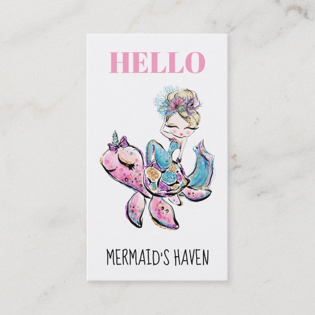 *~* HELLO Sparkling Glitter Mermaid On Sea Turtle Business Card (Front)