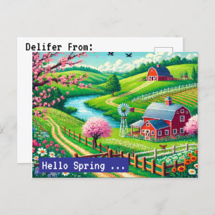 Hello Spring - 16-Bit Pixel Art Countryside Postca Holiday Postcard