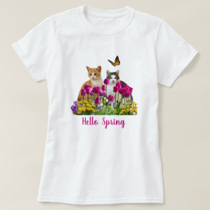 Hello Spring Cats in Tulip Flower Garden  T-Shirt