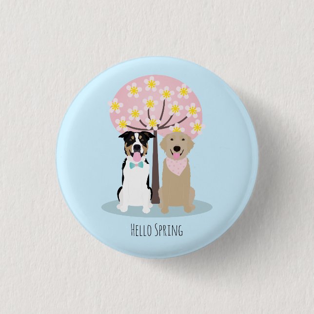 Hello Spring Dogs By Cherry Blossom Tree 3 Cm Round Badge (Front)