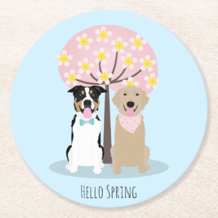 Hello Spring Dogs By Cherry Blossom Tree Round Paper Coaster