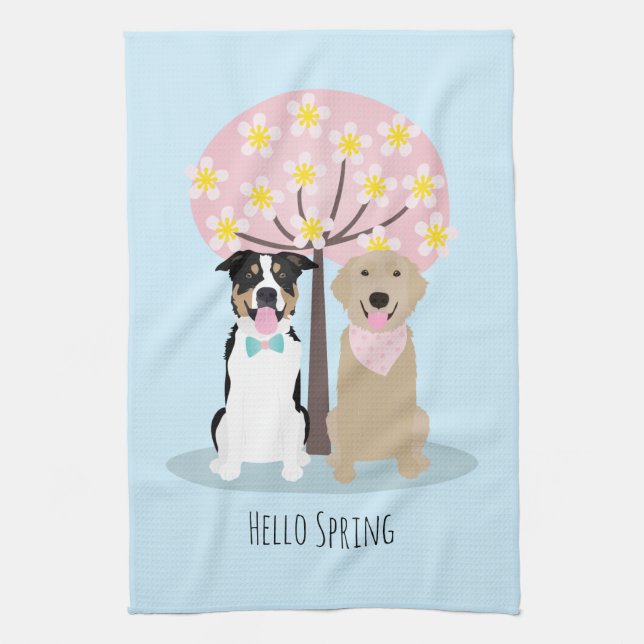Hello Spring Dogs By Cherry Blossom Tree Tea Towel (Vertical)