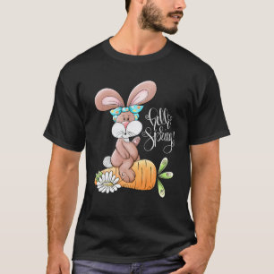 Hello Spring Easter Bunny Rabbit Messy Bun Carrot T-Shirt