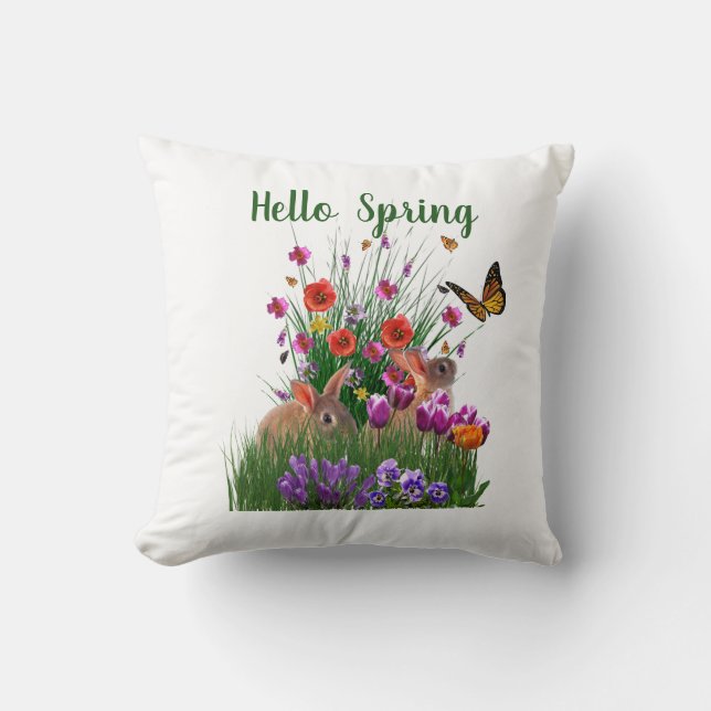 Hello Spring Easter Rabbits and Flower Garden  Cushion (Front)