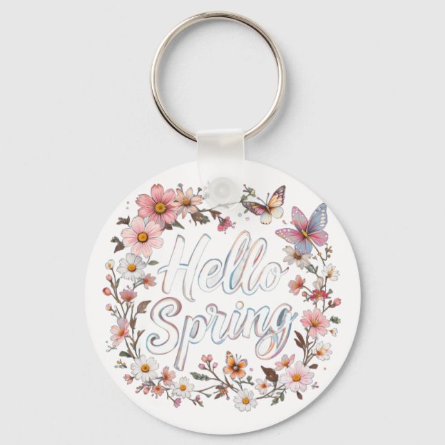 Hello Spring Floral Butterfly Wreath with Flower Key Ring (Front)