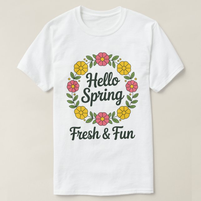 Hello Spring – Floral Wreath Circle Pastel Tee (Design Front)