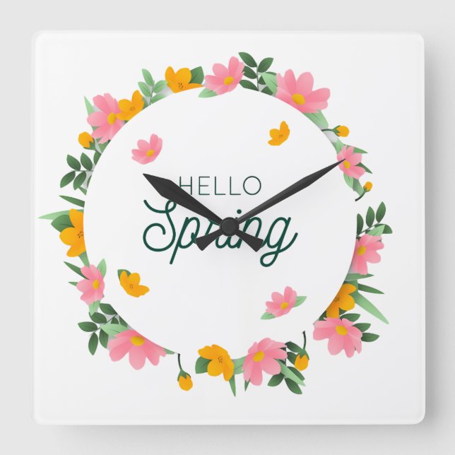 Hello Spring Floral Wreath Square Wall Clock (Front)