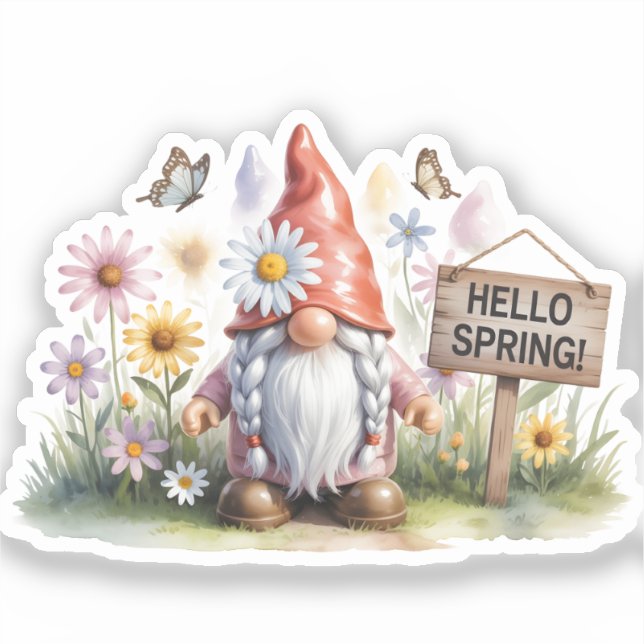 Hello Spring Garden Gnome: Cute Gnome with Braids (Front)