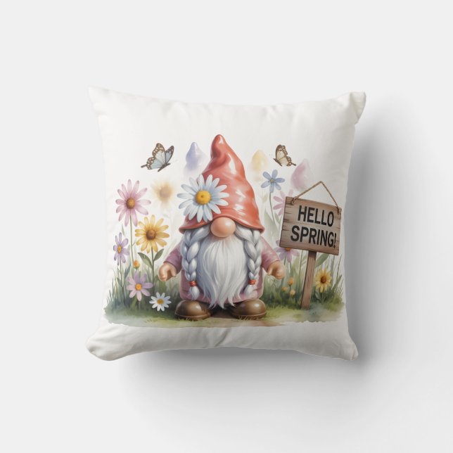 Hello Spring Garden Gnome: Cute Gnome with Braids Cushion (Front)