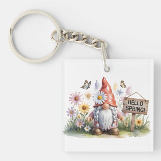 Hello Spring Garden Gnome: Cute Gnome with Braids Key Ring (Front)