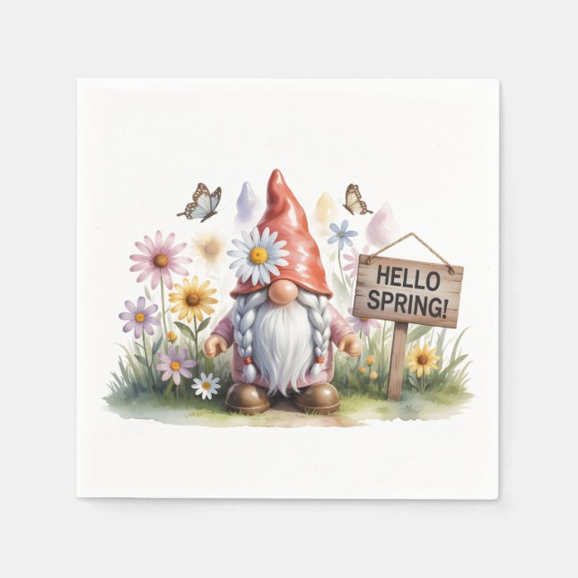 Hello Spring Garden Gnome: Cute Gnome with Braids Napkin (Front)