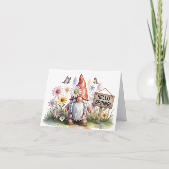 Hello Spring Garden Gnome: Cute Gnome with Braids Note Card (Front)