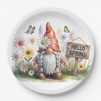 Hello Spring Garden Gnome: Cute Gnome with Braids Paper Plate