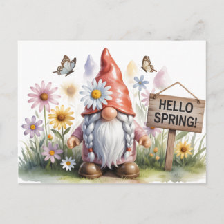 Hello Spring Garden Gnome: Cute Gnome with Braids Postcard