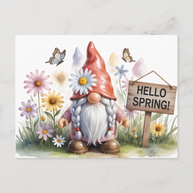 Hello Spring Garden Gnome: Cute Gnome with Braids Postcard (Front)
