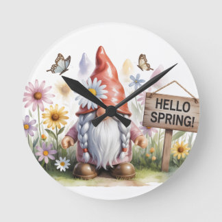 Hello Spring Garden Gnome: Cute Gnome with Braids Round Clock