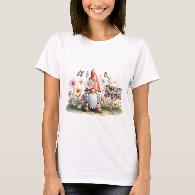 Hello Spring Garden Gnome: Cute Gnome with Braids T-Shirt (Front)