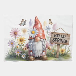 Hello Spring Garden Gnome: Cute Gnome with Braids Tea Towel