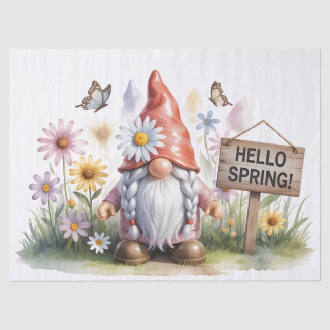 Hello Spring Garden Gnome: Cute Gnome with Braids Tissue Paper (Front)