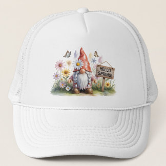Hello Spring Garden Gnome: Cute Gnome with Braids Trucker Hat