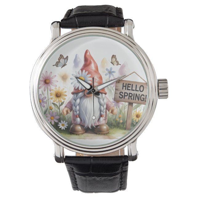 Hello Spring Garden Gnome: Cute Gnome with Braids Watch (Front)