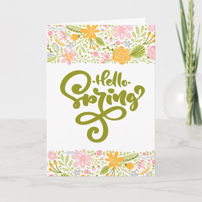Hello Spring Greeting Card with Floral Borders (Front)