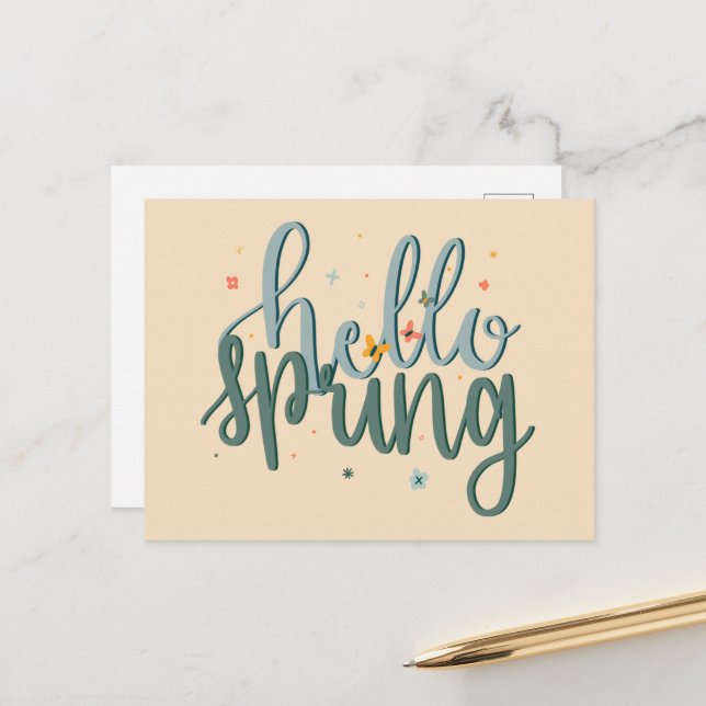 Hello Spring Hand-Lettered Postcard (Front/Back In Situ)
