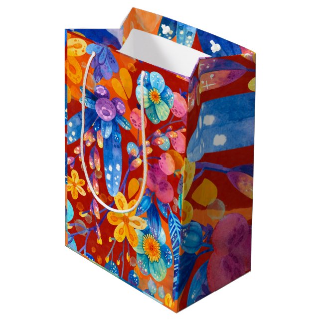 Hello Spring Happiness Time, Floral Colourful Medium Gift Bag (Back Angled)