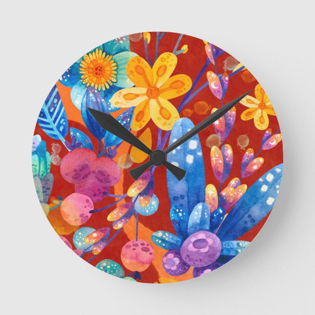 Hello Spring Happiness Time Floral Colourful Round Clock (Front)
