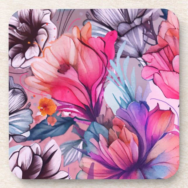 Hello Spring Happiness Time, Pink Purple Flowers Coaster (Front)