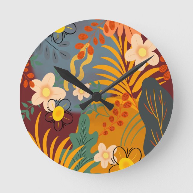 Hello Spring Happiness Time, Tropical Floral Round Clock (Front)