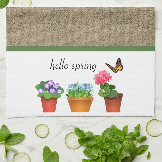 Hello Spring Khaki Colour Burlap and Flower Pots Tea Towel (Folded)