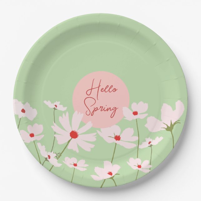 Hello Spring light pink red cosmos flowers Paper Plate (Front)