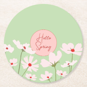Hello Spring light pink red cosmos flowers Round Paper Coaster