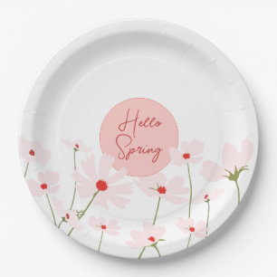 Hello Spring light pink red cosmos flowers white Paper Plate