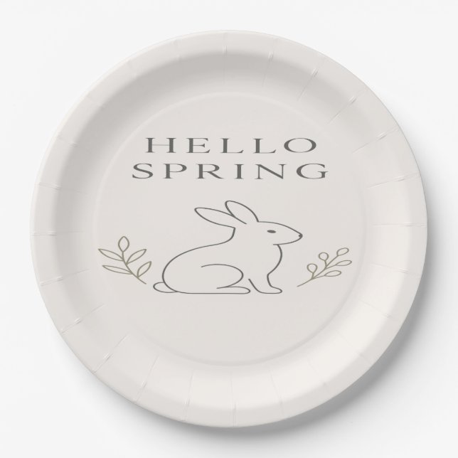 Hello Spring Minimal Bunny Line Art Paper Plate (Front)