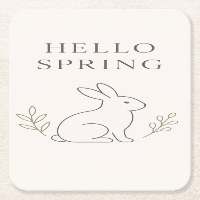 Hello Spring Minimal Bunny Line Art Square Paper Coaster (Front)