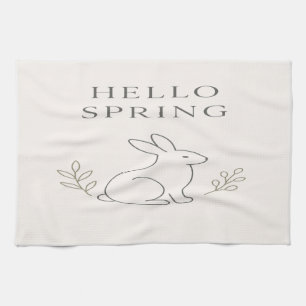Hello Spring Minimal Bunny Line Art Tea Towel