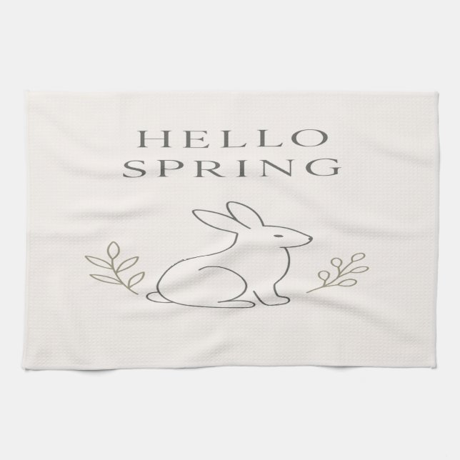 Hello Spring Minimal Bunny Line Art Tea Towel (Horizontal)